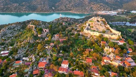 Drone View of Simena Castle Above Kaleköy Village, Antalya Province, Turkey Stock Footage 314328263