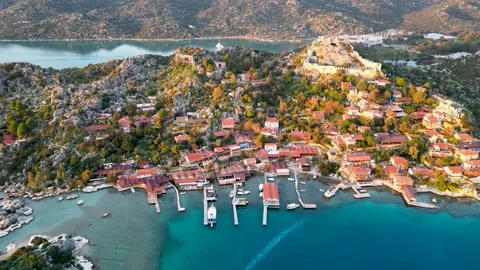 Drone View of Simena Castle and Kaleköy Harbor, Antalya Province, Turkey Stock Footage 314328208
