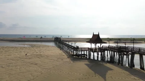 A drone view of a small bridge for hotel guests to go to the beach Stock Footage 246222698