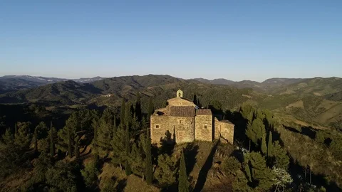 Drone view of small romanic hermitage of the 16th century at sunset Stock Footage 116055662