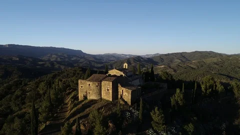 Drone view of small romanic hermitage of the 16th century at sunset Stock Footage 116055716