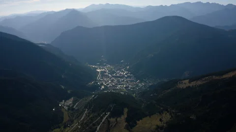 Drone view on a small town between Pyrenees mountains, Encamp, Andorra 스톡 동영상 139491803
