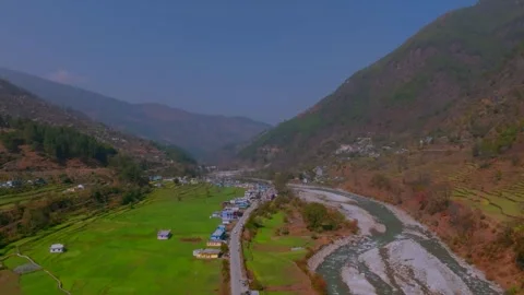 Drone view of a small town in Uttarakhand which is situated on the banks o.. Stock Footage 307676030