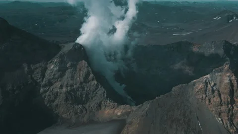 Drone View Smoking Active Crater of Volcano Epic Panorama Landscape Terrain 4k Stock Footage 140661733