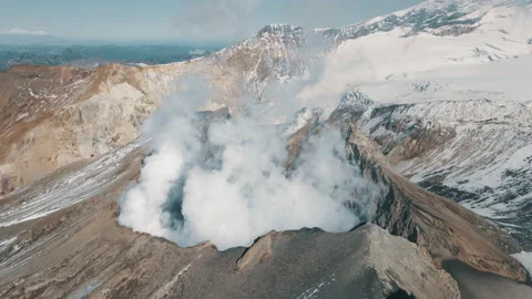 Drone View Smoking Active Crater of Volcano Epic Panorama Landscape Terrain 4k 库存影片 140744180