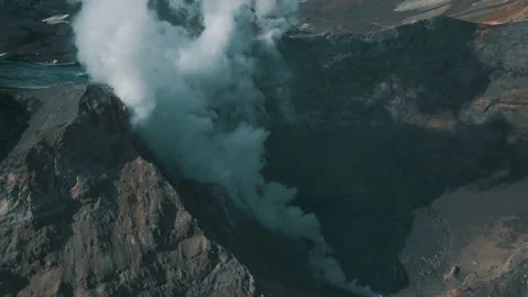 Drone View Smoking Active Crater of Volcano Epic Panorama Landscape Terrain 4k Stock Footage 140744658