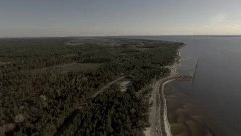 Drone view smooth flight on the drone straight Left forest right water Video stock 111874765
