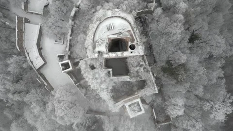 Drone View of Snow Covered Castle Ruins Stock Footage 305763643