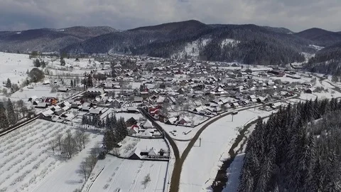 Drone view snow on the small town Stock Footage 83474426
