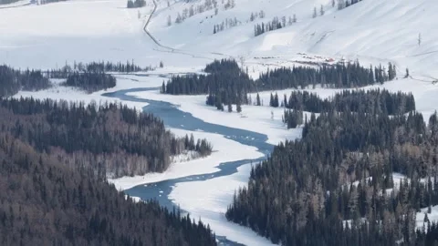 Drone View of Snowy Mountain Landscape in Habahe Xinjiang China Stock Footage 341531826