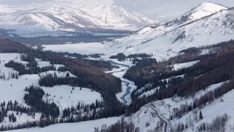 Drone View of Snowy Mountain Landscape in Habahe Xinjiang China Stock Footage 341634301