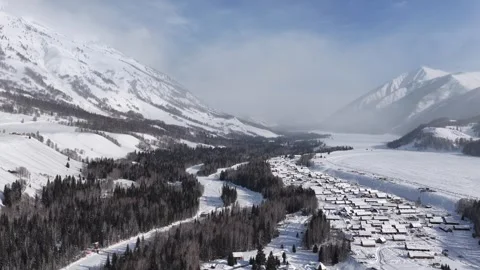 Drone View of Snowy Mountain Landscape in Burqin Xinjiang China Stock Footage 341634302