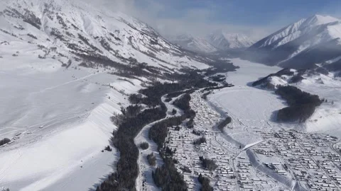 Drone View of Snowy Mountain Landscape in Burqin Xinjiang China Stock Footage 341634451