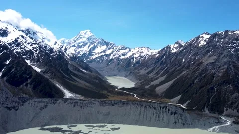 Drone view snowy mountains, Hooker and Mueller lake on a clear sunny summer day Stock Footage 304502632