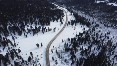 Drone View of Snowy Road to Ust-Koksa in Russia Stock Footage 313234562