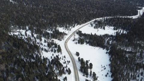 Drone View of Snowy Road to Ust-Koksa in Russia Stock Footage 313235174