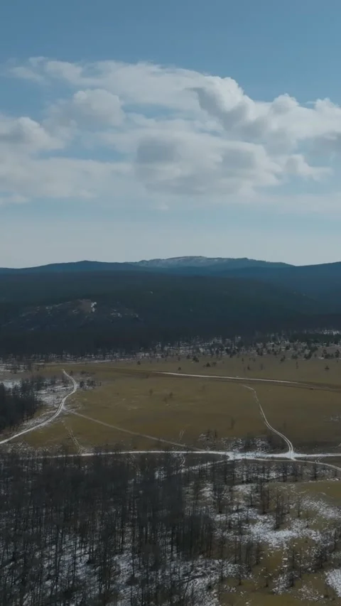 Drone view of snowy winter meadow and bare forest edge beneath stormy sunset sky Stock Footage 346556920