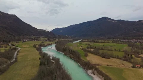 Drone view of Soča River near Kobarid with turquoise alpine waters below clouds Stock Footage 340899112