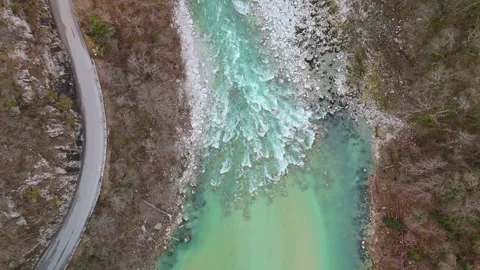 Drone view of Soča River rapids and rocky banks near Kobarid in winter Stock Footage 340899634