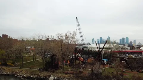 Drone view of Socrates Park Crane LIC NYC Stock Footage 106453863