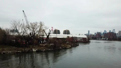 Drone view of Socrates Park Long Island City NYC Stock Footage 106413573