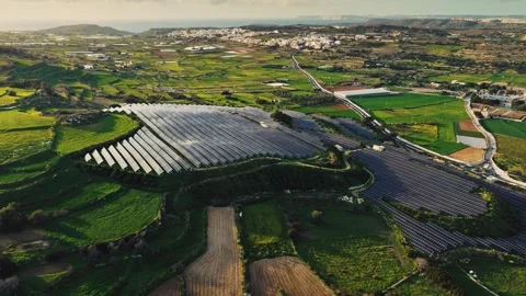 Drone view of solar farm, sun quarry, solar panels, sun panels. Countryside Stock Footage 300784347