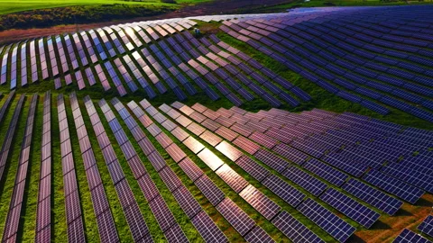 Drone view of solar panel rows on green hillside, Bulgaria 스톡 동영상 345152122