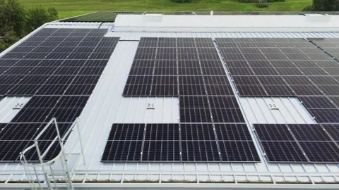 Drone View of Solar Panels on Metal Roof of Large Industrial Facility Stock Footage 295543074