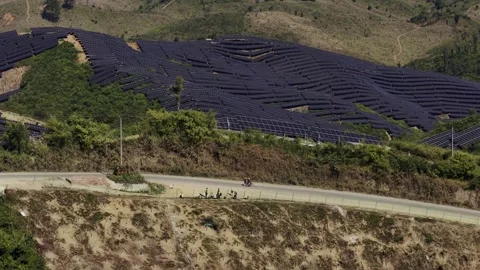 Drone view solar power to electricity for green energy on agricultural land Stock Footage 342169108