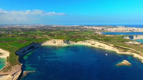 Drone view of south part of Malta island. Cliffs, rocks, sea and green fields Stock Footage 329773695