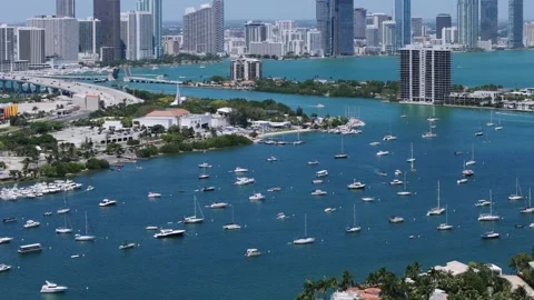 Drone view of South Point showcasing coastal area with numerous boats and yachts Stock Footage 281937244
