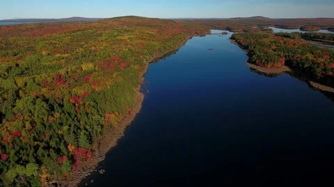 Drone view of Spednic Lake - Headwaters St. Croix - Appalachians - Mt. Katahdin Stock Footage 219971028