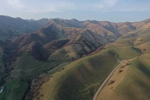 Drone View of Spring Green Hills with Blooming Trees and Rural Road, Xinjiang Stock Photos