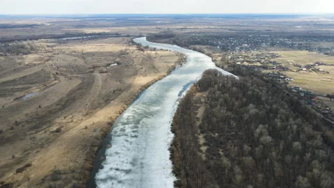 Drone view on spring thaw and Desna river in Ukraine. Stock Footage 151657092