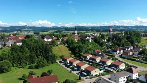 Drone view of the square in Hausmening, Austria. Old church in Tyrol Stock Footage 196126101