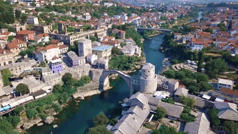 Drone view of "Stari most" iconic bridge in Mostar Stock Footage 166347992