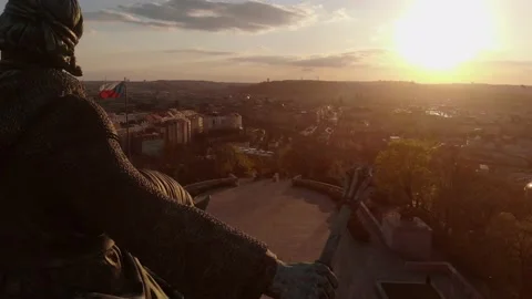 Drone view of statue. Monument close up. Scenic view of statue on sunset Stock Footage 151179355