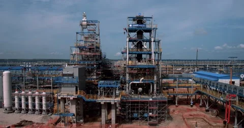 Drone view of the structures and mechanisms of the refinery Stock Footage 138225319