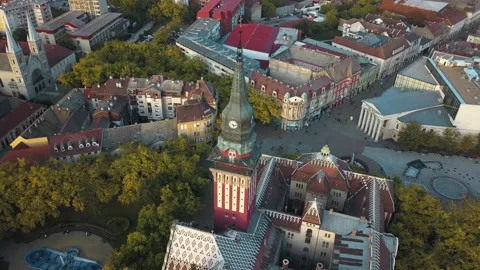 Drone view of Subotica's city hall clocktower in Serbia Stock Footage 166012584