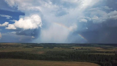 Drone view. Summer fields with clouds and rainbow Stock Footage 105275285