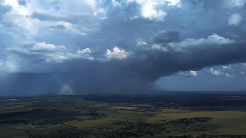 Drone view. Summer fields with clouds and rainbow Stock Footage 105275316