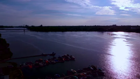 Drone view , sunrise landscape, river, city, bridge 4k Stock Footage 203620247