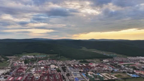 Drone View of Sunset Clouds and Landscape in Horqin Inner Mongolia China Stock Footage 341641923