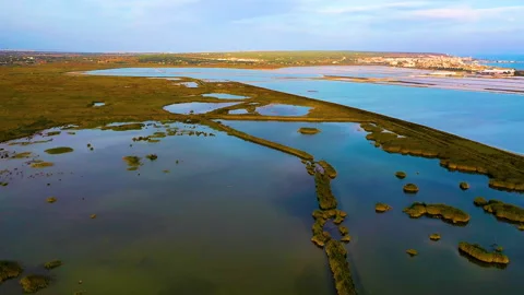 Drone view of the sunset over Santapola lagoons. Stock Footage 288611002