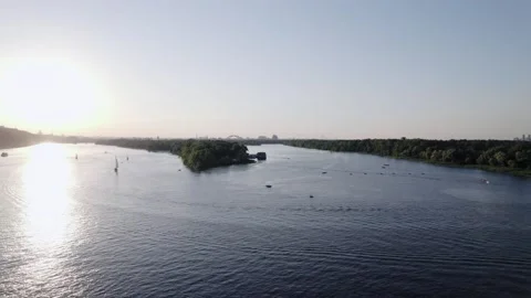 Drone view on the sunset on the river. Sailing yachts on the sunset view Stock Footage 171721496