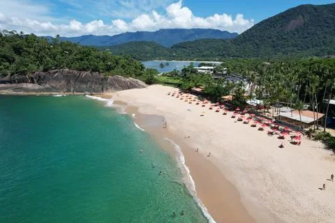 Drone view of Sununga Beach, Ubatuba, Brazil. Stock Photos