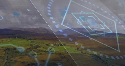 Drone view sweeping fields, HUD elements fading in, pulsing, rotating and Vídeos de archivo 317206488
