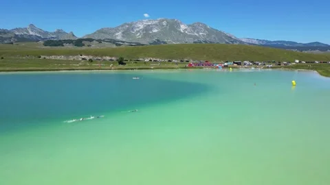 Drone View of Swimming Competition at Devil's Lake in Durmitor, Montenegro Stock-Footage 341770423