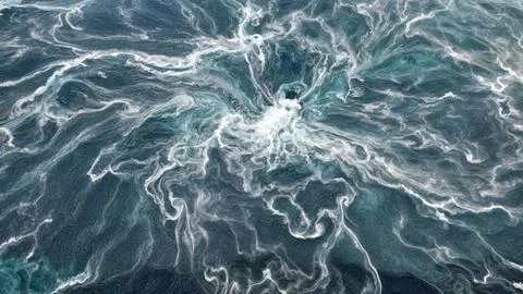 Drone view of a swirling turbulent pattern of white foam on the sea surface 스톡 일러스트