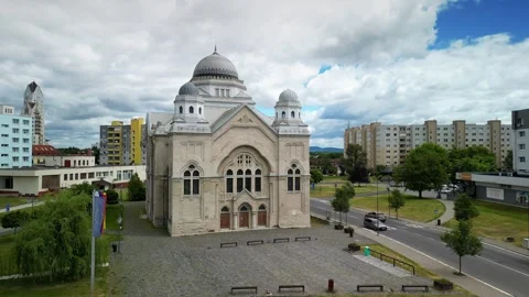 Drone view of the synagogue in Lucenec, Slovakia Stock Footage 309789770